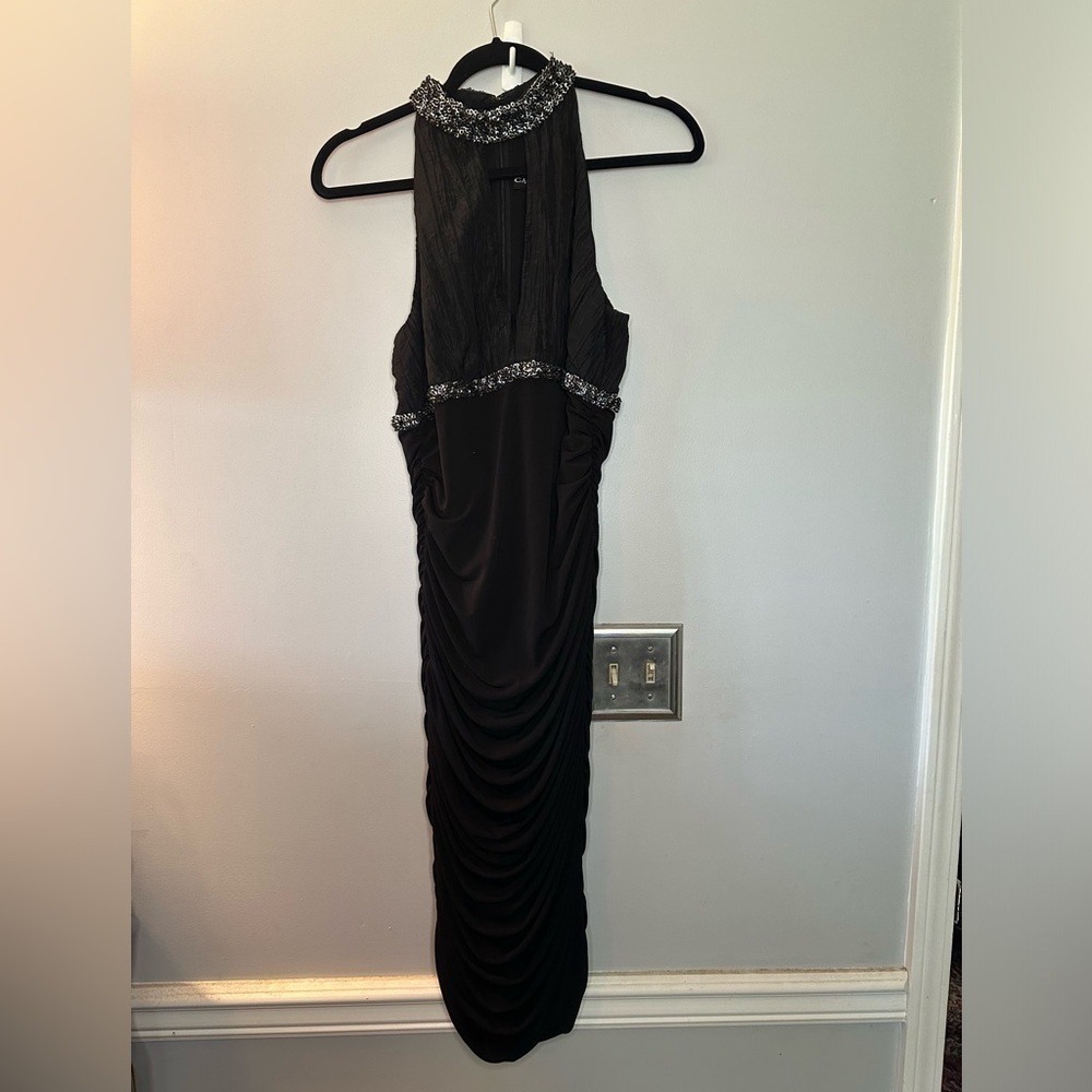 Cachet size 6 Black evening gown halter top with ruched body and sequin collar